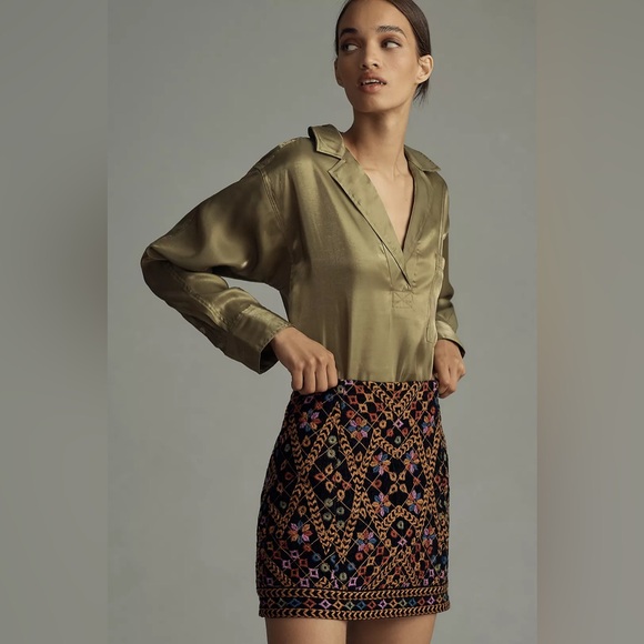 Anthropologie Pilcro Long-Sleeve Shine Blouse in Green Size XXSP - Picture 1 of 4